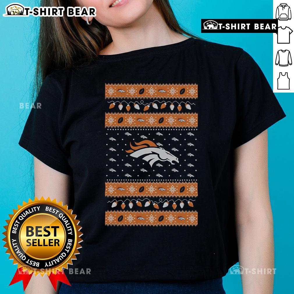 Alt Text: Top Denver Broncos holiday Christmas ladies tee featuring team logo and festive design for fans.