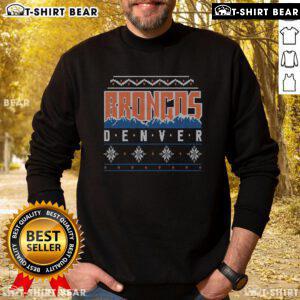 Cozy Top Denver Broncos holiday sweatshirt featuring team colors and logo, perfect for winter sports fans.