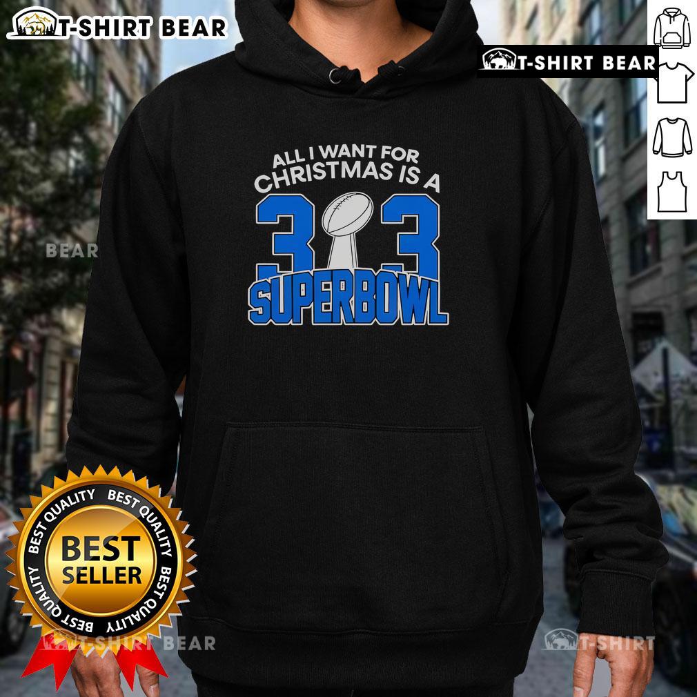 Top Detroit Lions 'All I Want For Christmas Is A 313 Super Bowl' NFL hoodie displayed on a festive background.