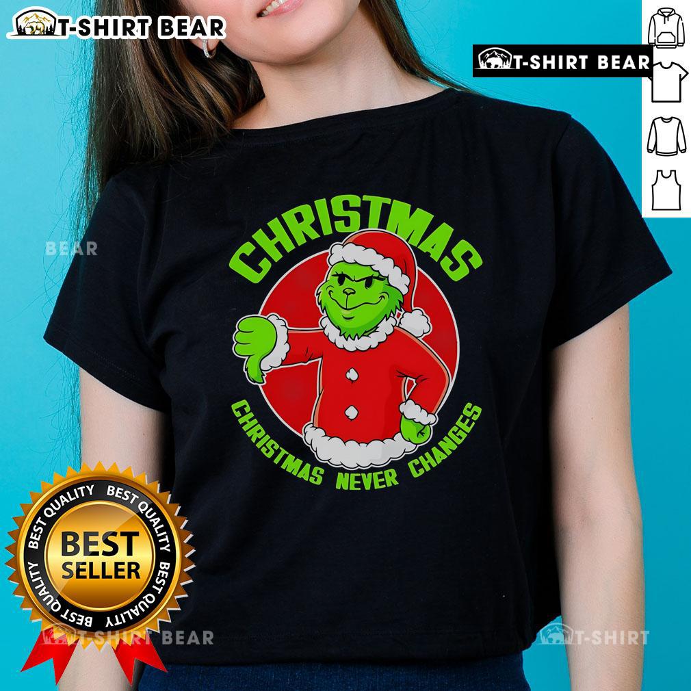 Top Grinch Boy Christmas Never Changes Ladies Tee featuring a playful Grinch design, perfect for festive holiday wear.