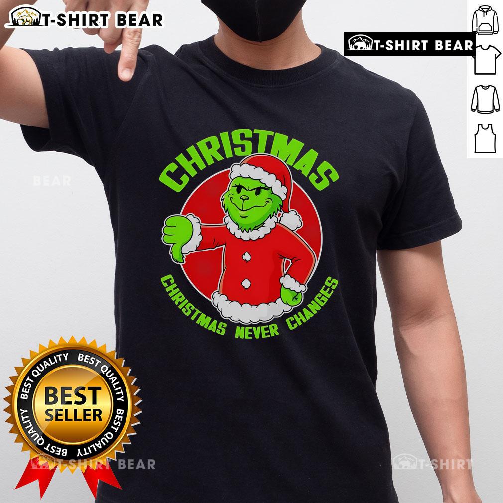 Alt Text: Top Grinch Boy Christmas Never Changes T-Shirt featuring a playful Grinch design perfect for holiday celebrations.