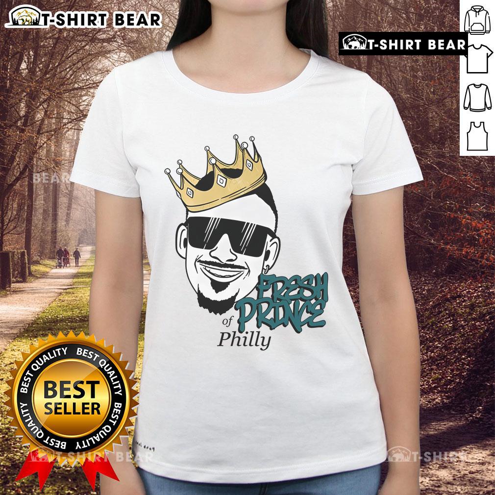 Alt Text: Top Jalen Hurts Prince Of Phl Ladies Tee featuring stylish design for fans of the Philadelphia Eagles quarterback.