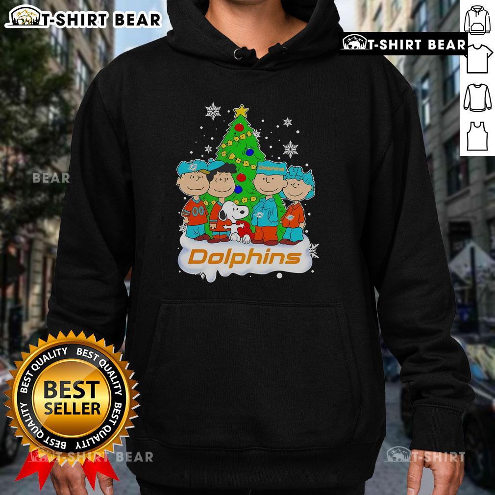 Alt Text: Top Peanuts Characters on Miami Dolphins Christmas Tree Hoodie, perfect for fans celebrating the holidays.