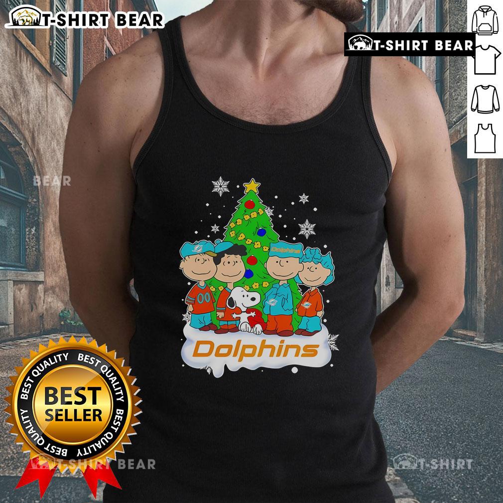Miami Dolphins Christmas Tree tank top featuring top Peanuts characters for festive sports fans.