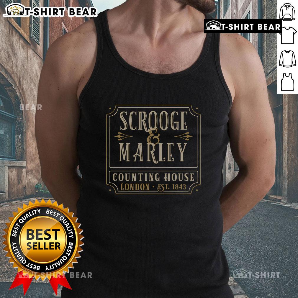 Top Scrooge and Marley Counting House tank top, established 1843, showcasing vintage London design and festive spirit.
