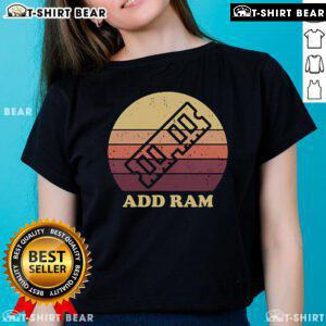 Vintage sunset graphic on a ladies tee featuring 'Top Slow PC Add RAM' text, perfect for tech enthusiasts and casual wear.