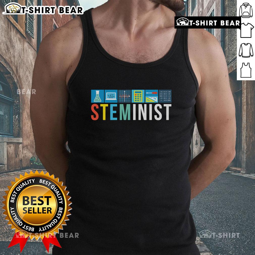 Stylish Top-Steminist Science Technology Engineering Math tank top displayed on a hanger, promoting STEM empowerment.