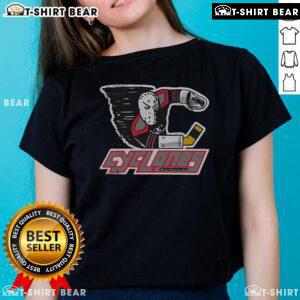 Alt Text: Vintage Cincinnati Cyclones goalie logo on a stylish ladies tee, perfect for hockey fans and vintage apparel lovers.