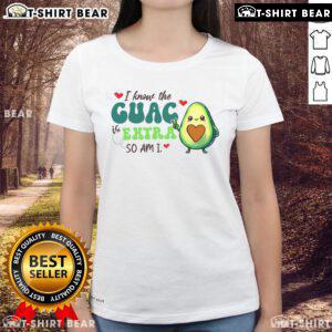 Cute avocado graphic tee for women with 'The guac is extra but so am I' slogan, perfect for Mexican food lovers.