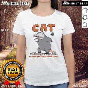 Alt Text: Funny cat graphic on a ladies tee, featuring a humorous and aggressive cat design, perfect for casual wear.