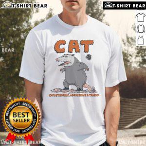 Funny cat in a catastrophic pose wearing a trashy T-shirt, showcasing humorous feline antics and quirky style.