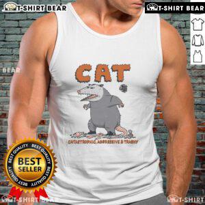 Funny cat in a catastrophic, aggressive pose wearing a trashy tank top, showcasing a humorous and playful personality.