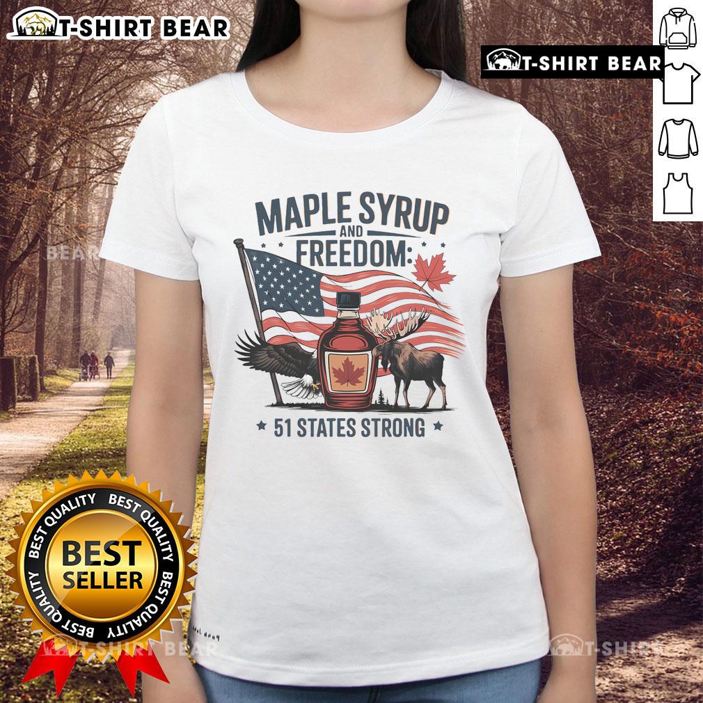 Funny Trump quote on Canada as the 51st state of the USA featured on a stylish ladies tee shirt.