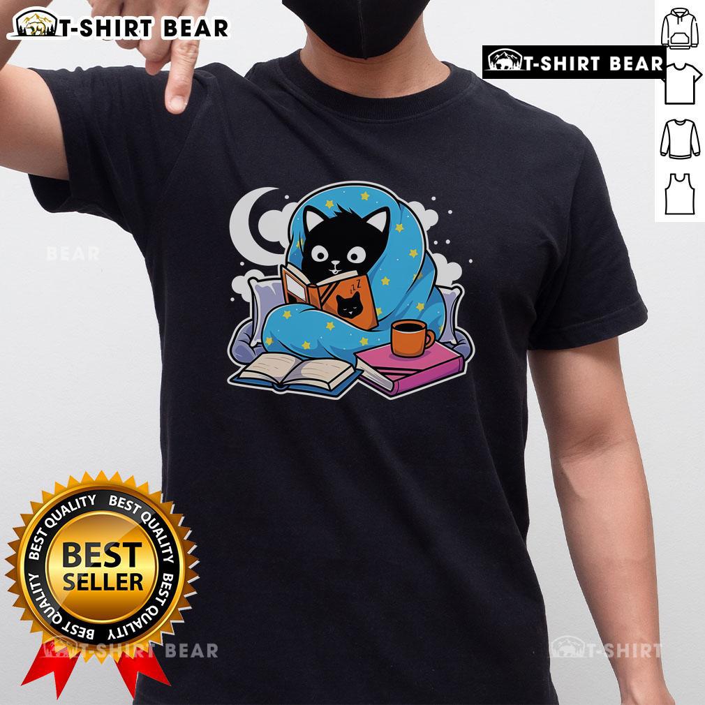 Cozy t-shirt featuring the phrase 'Good Cat Books' surrounded by playful cat graphics, perfect for cat lovers and readers.