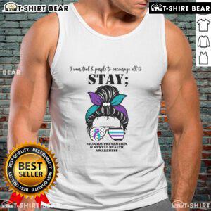Young woman in a messy bun wearing a tank top promoting suicide prevention awareness and mental health support.