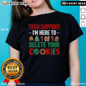 Good Tech Support Christmas tee featuring a playful message about deleting cookies, perfect for tech enthusiasts.