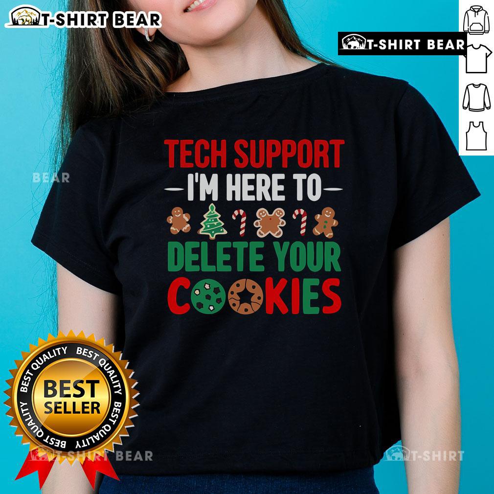 Good Tech Support Christmas tee featuring a playful message about deleting cookies, perfect for tech enthusiasts.