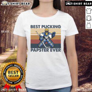 Funny hockey grandpa saying on a ladies tee: 'Hot Best Pucking Papster Ever' - perfect for hockey lovers and grandfathers.