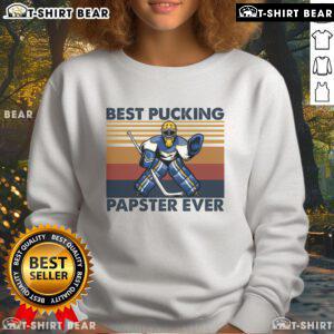 Funny hockey grandpa sweatshirt featuring 'Hot Best Pucking Papster Ever' saying, perfect for hockey fans and grandpas.