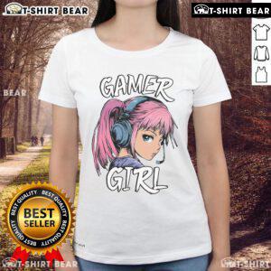 Hot gamer girl anime graphic on a ladies tee, perfect for video gaming enthusiasts and stylish fans alike.