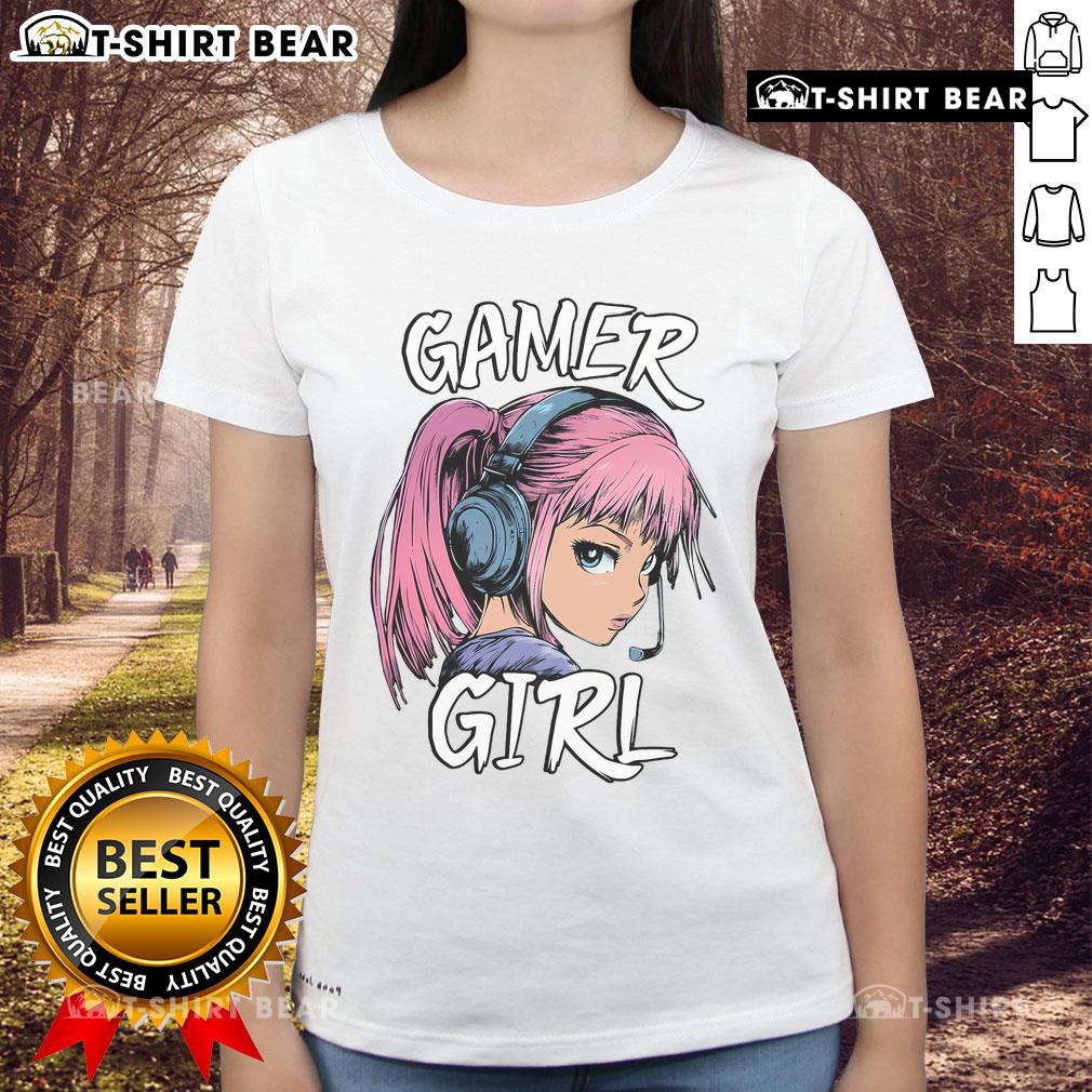 Hot gamer girl anime graphic on a ladies tee, perfect for video gaming enthusiasts and stylish fans alike.