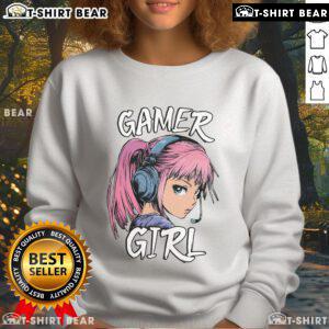 Hot gamer girl in anime graphic sweatshirt, showcasing trendy video gaming style and vibrant colors.