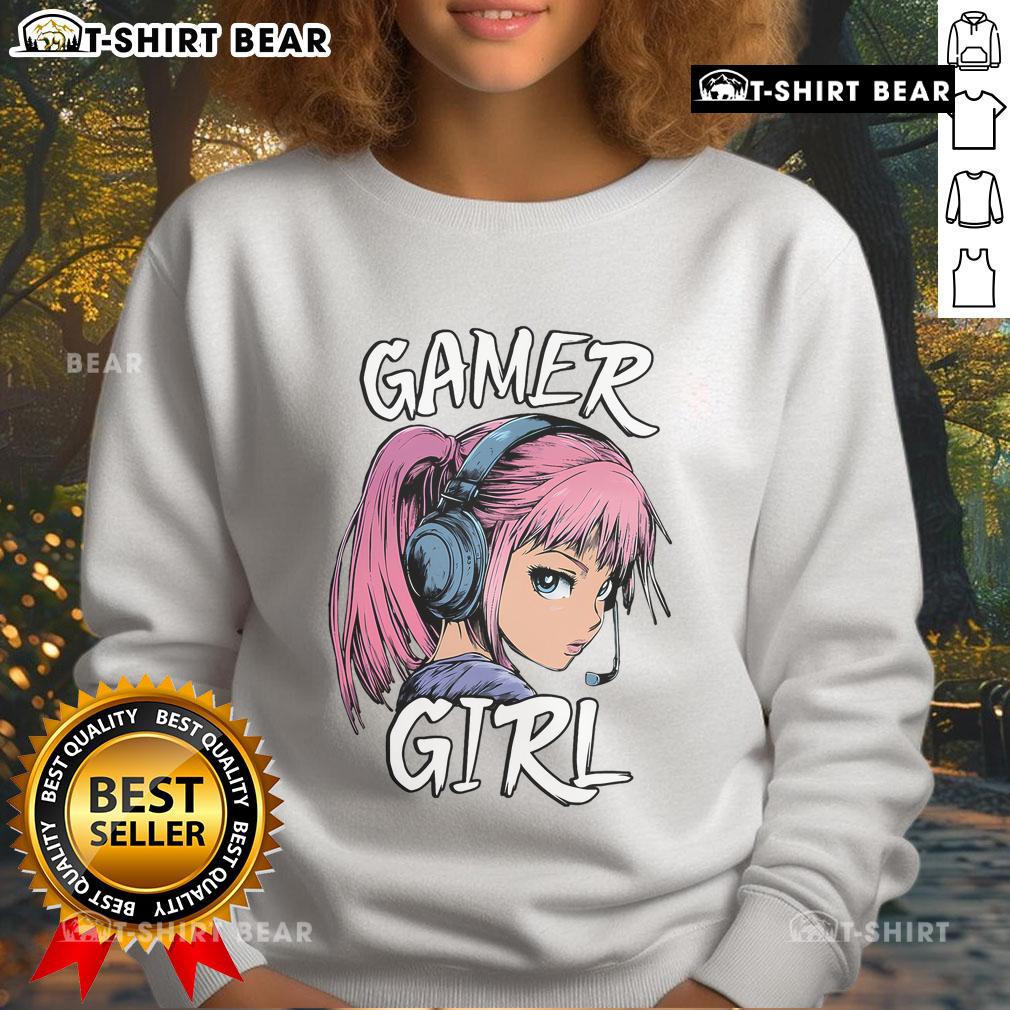 Hot gamer girl in anime graphic sweatshirt, showcasing trendy video gaming style and vibrant colors.