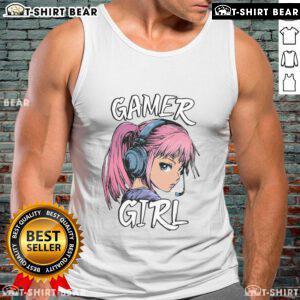 Hot gamer girl in anime graphic tank top, showcasing a passion for video gaming with vibrant colors and stylish design.