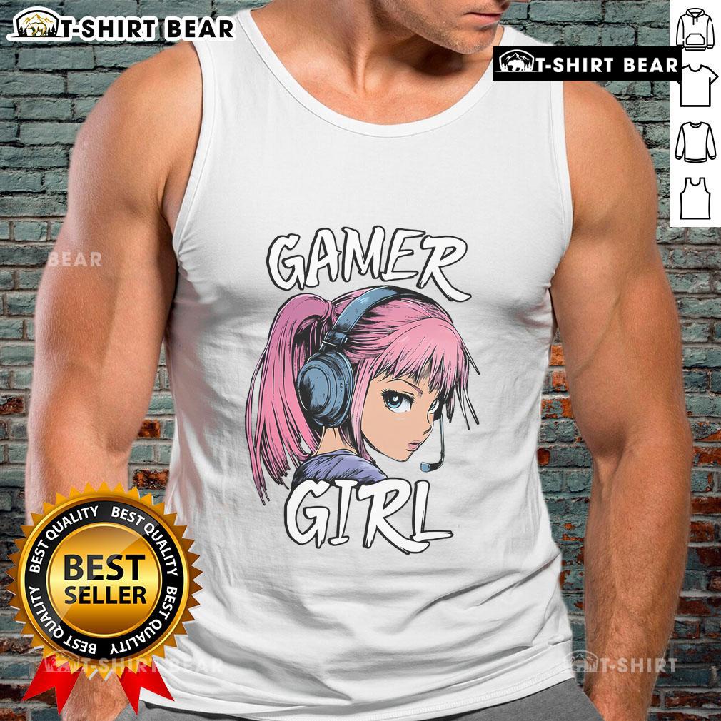 Hot gamer girl in anime graphic tank top, showcasing a passion for video gaming with vibrant colors and stylish design.