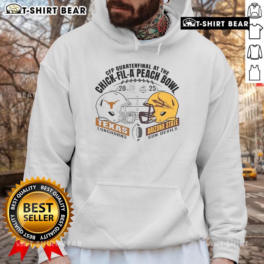 Texas Longhorns vs Arizona State Sun Devils 2025 CFP Quarterfinal hoodie featuring team helmets at Chick-fil-A Peach Bowl.