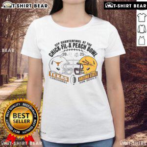 Hot Texas Longhorns vs Arizona State Sun Devils 2025 CFP Quarterfinal helmet design on a ladies tee at Chick-fil-A Peach Bowl.