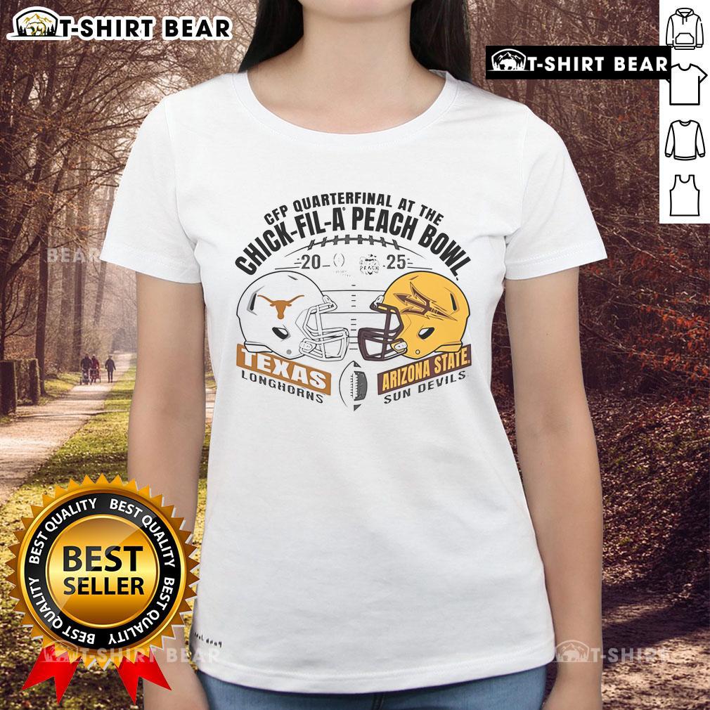 Hot Texas Longhorns vs Arizona State Sun Devils 2025 CFP Quarterfinal helmet design on a ladies tee at Chick-fil-A Peach Bowl.