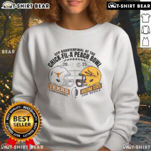 Alt Text: 2025 CFP Quarterfinal: Texas Longhorns vs Arizona State Sun Devils helmet sweatshirt at Chick-fil-A Peach Bowl.