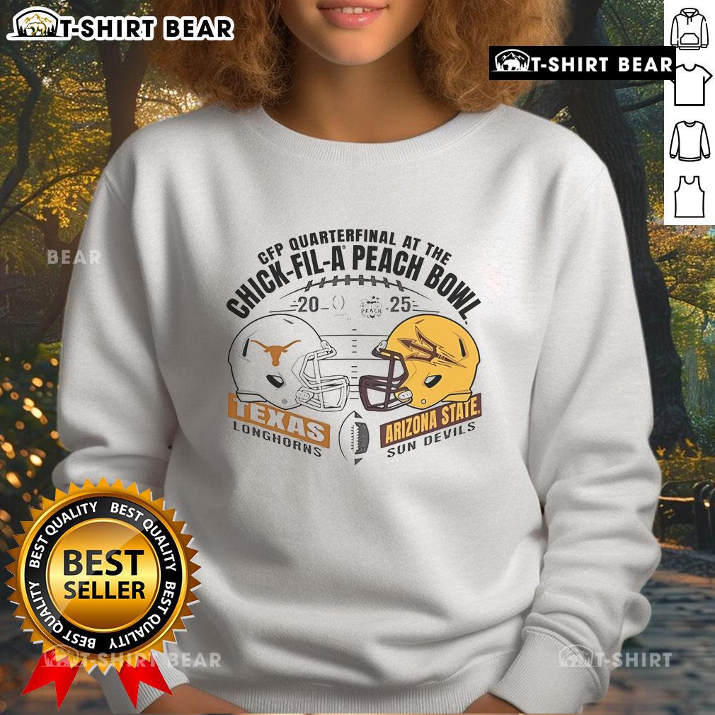 Alt Text: 2025 CFP Quarterfinal: Texas Longhorns vs Arizona State Sun Devils helmet sweatshirt at Chick-fil-A Peach Bowl.