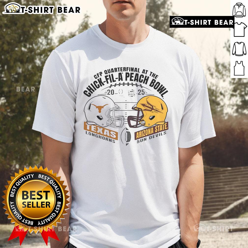 Hot Texas Longhorns vs Arizona State Sun Devils 2025 CFP Quarterfinal at Chick-fil-A Peach Bowl helmet t-shirt design.