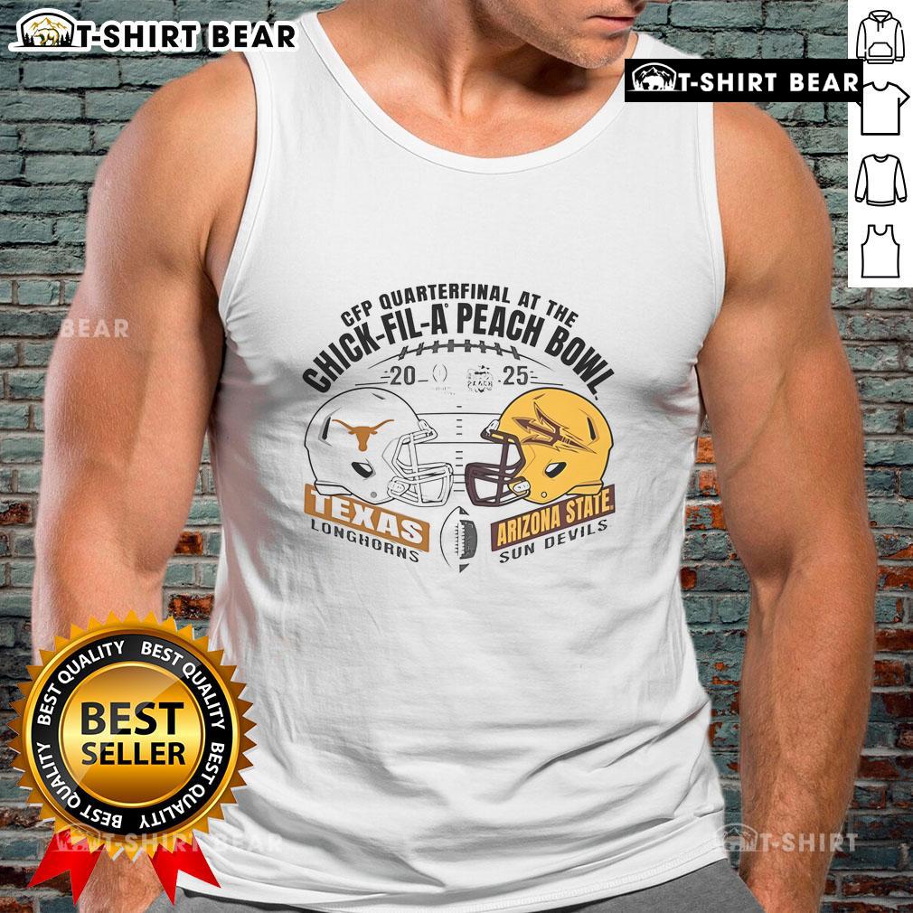 Hot Texas Longhorns vs Arizona State Sun Devils 2025 CFP Quarterfinal tank top design featuring team helmets.