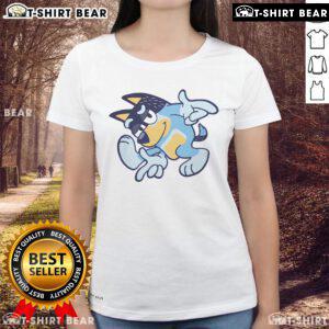Nice Bluey Bandit Adventure ladies tee featuring vibrant graphics of Bluey and Bingo on a stylish shirt.