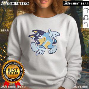 Child wearing a Nice Bluey Bandit Adventure sweatshirt, featuring vibrant colors and fun cartoon graphics.