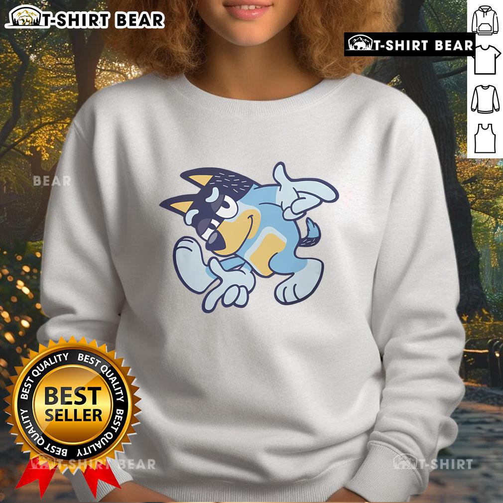 Child wearing a Nice Bluey Bandit Adventure sweatshirt, featuring vibrant colors and fun cartoon graphics.