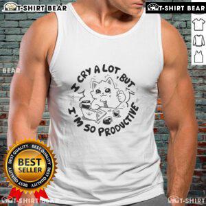 Productive cat tank top featuring a cute cat with the phrase 'Nice, I Cry A Lot But I'm So Productive' for cat lovers.