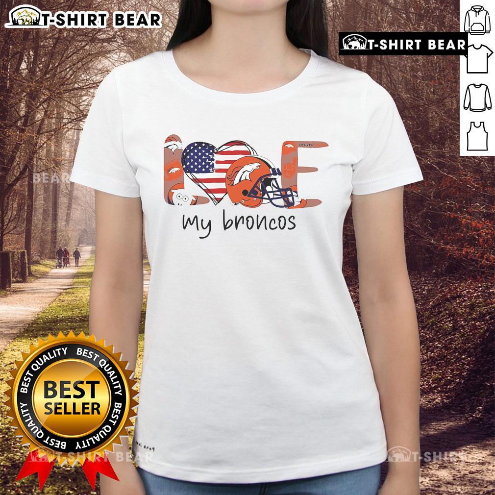 Stylish ladies tee featuring the Denver Broncos NFL helmet logo, perfect for fans celebrating their love for the team.