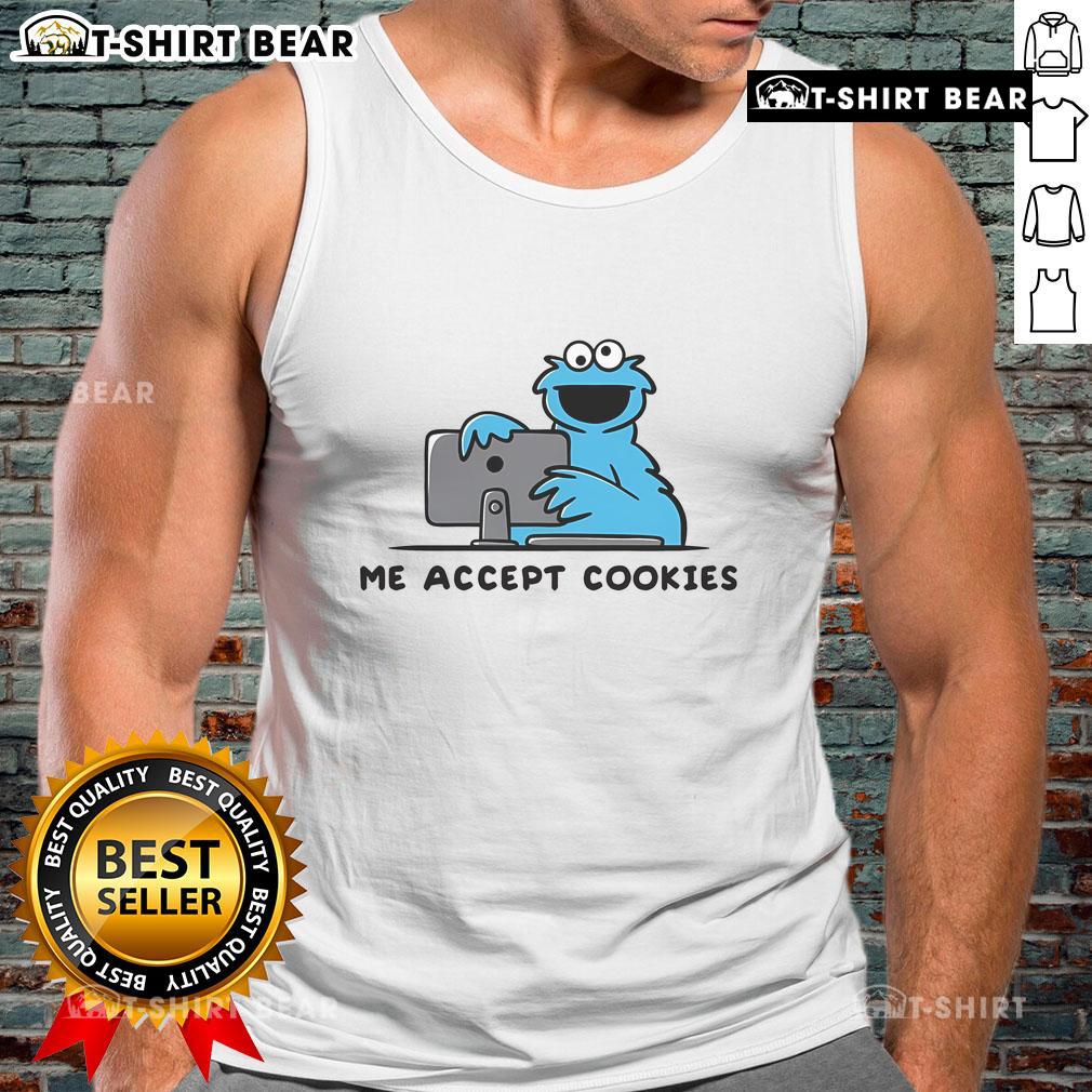 Trendy Nice Me Accept Cookies tank top featuring playful text design, perfect for casual summer outfits.