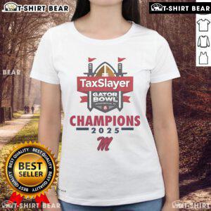 Nice Ole Miss Football 2025 TaxSlayer Gator Bowl Champions Ladies Tee featuring team colors and logo design.