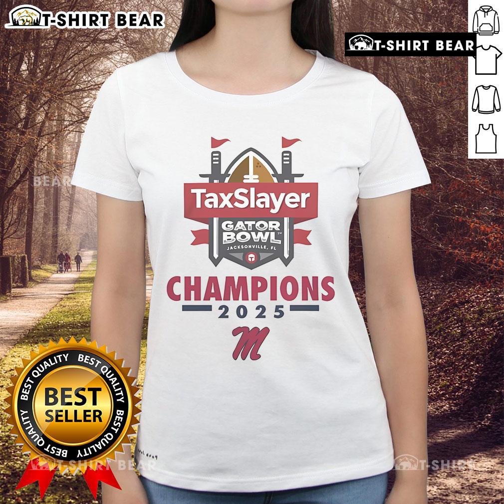 Nice Ole Miss Football 2025 TaxSlayer Gator Bowl Champions Ladies Tee featuring team colors and logo design.