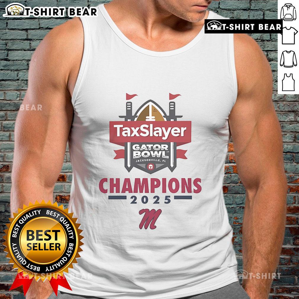 Nice Ole Miss Football 2025 Taxslayer Gator Bowl Champions tank top featuring team colors and logo.