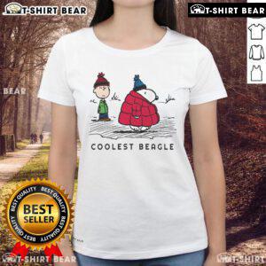 Coolest Beagle Ladies Tee featuring Snoopy in a winter puffer jacket with playful peanuts design for stylish fans.