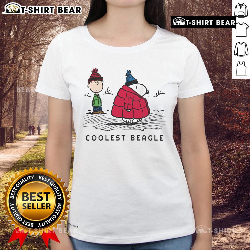 Coolest Beagle Ladies Tee featuring Snoopy in a winter puffer jacket with playful peanuts design for stylish fans.