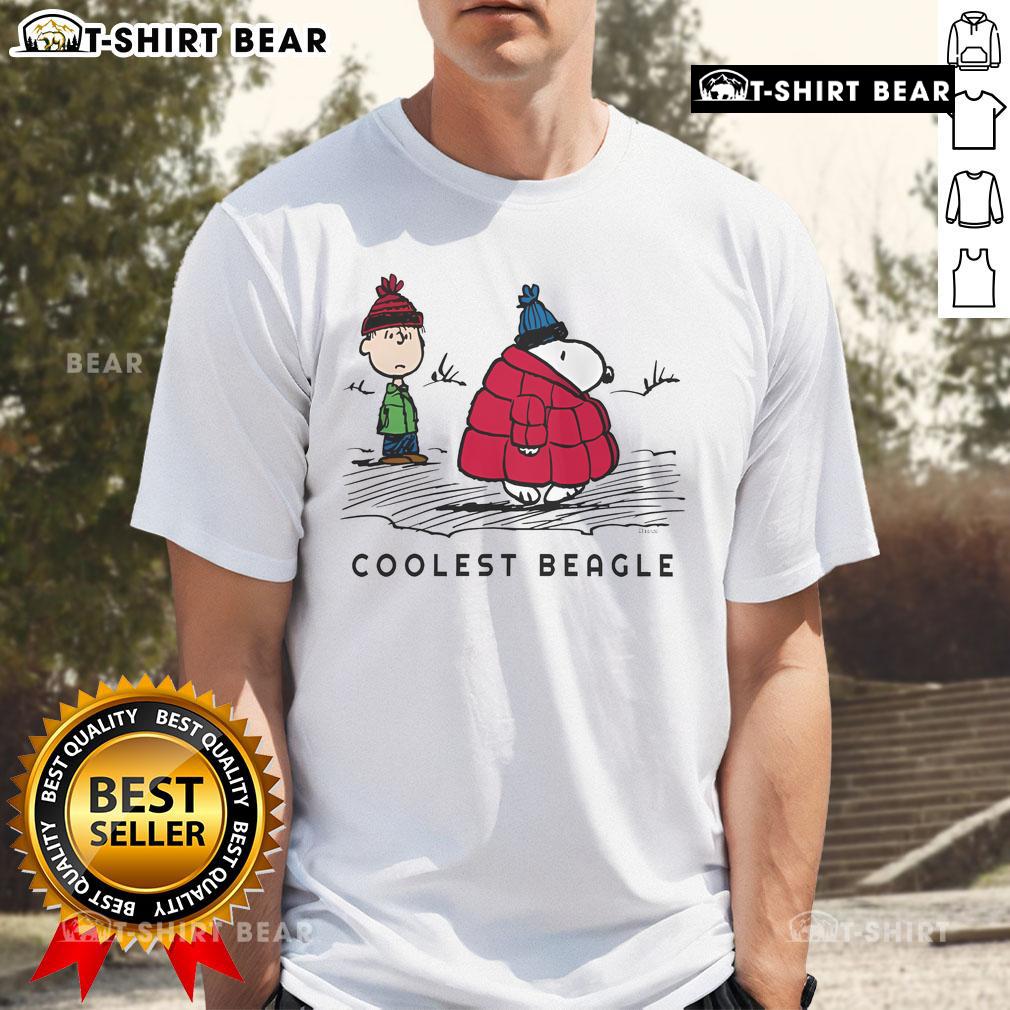 Coolest Beagle T-Shirt featuring Snoopy in a winter puffer jacket, perfect for Peanuts fans and winter fashion lovers.