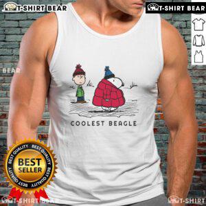 Coolest Beagle tank top featuring Snoopy in a winter puffer jacket with fun peanut designs, perfect for casual wear.