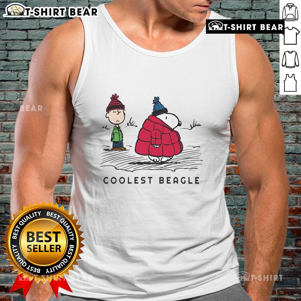 Coolest Beagle tank top featuring Snoopy in a winter puffer jacket with fun peanut designs, perfect for casual wear.